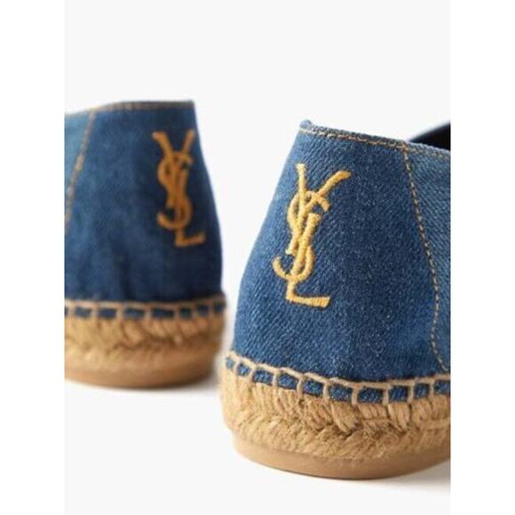 Saint Laurent Perseo Blue Jeans Denim YSL Gold Logo Slip On Espadrille Flat 40 - Picture 11 of 12